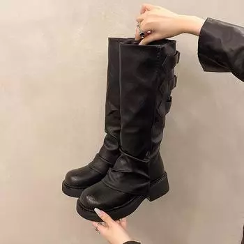 Винтажные европейские и американские дамы мятые сапоги женские 2024 новые дорожные сапоги толстые модные сапоги женские 35 чёрный