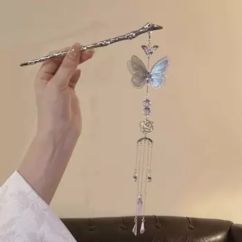 Винтажные фиолетовые хрустальные заколки для волос с кисточками-бабочками для женщин в китайском стиле, длинные палочки для волос с цепочками, заколки для волос, головной убор для пучка