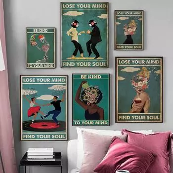Винтажные фотографии, женская картина с цветком на холсте, будьте добры, сойдите с ума, найдите свою душу, постер для йоги, Ретро домашний декор, без рамки 21x30cm No Framed