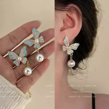 Винтажные французские серьги с бабочками из жемчуга: Элегантный ретро-дизайн для женщин Oil painting butterfly earrings