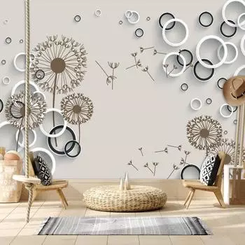 Винтажные фрески с цветочным рисунком одуванчика, черно-белые круглые обои для кабинета для гостиной, настенные обои для домашнего декора 330 cm(W) x 240 cm(H)