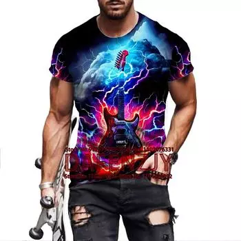 Винтажные футболки для мужчин Футболка с 3D-принтом и изображением гитары Футболка с коротким рукавом, свободные хип-хоп футболки с круглым вырезом из хлопка Мужская одежда Топ Camiseta S чёрный