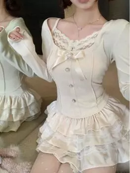 Винтажные футболки из двух предметов для девочек Mori Girl, женские кружевные лоскутные укороченные топы с милым бантом, женский эстетический однотонный пуловер Kawaii, новый S розовый