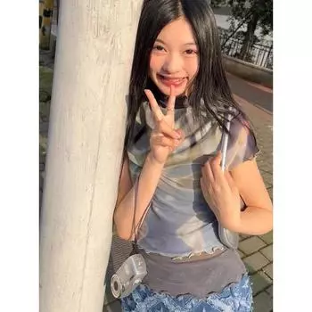 Винтажные футболки Ocean Blue Tie Dye Print Y2k Grunge See Through Mesh Tops Women 204 Summer New Slim Fit Short Sleeve Blooses S синий/зелёный