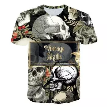 Винтажные футболки с черепами, мужские летние футболки, мужская уличная одежда, 3D-принт, футболка, модные топы с коротким рукавом и круглым вырезом S
