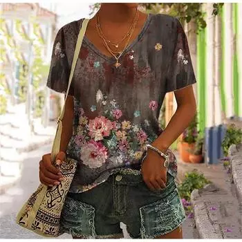 Винтажные футболки с цветочным 3D-принтом для женщин, уличная одежда Харадзюку, футболка Y2k, топы с V-образным вырезом, женская одежда оверсайз S