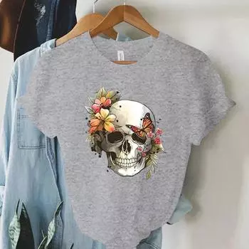 Винтажные футболки с цветочным принтом и черепом, женские футболки с рисунком скелета в стиле аниме, модные топы 90-х годов 2024 года для подростков, женская футболка с коротким рукавом S