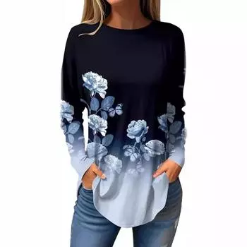 Винтажные футболки с длинным рукавом и 3D-принтом, цветочный круглый вырез, топ для женской одежды S