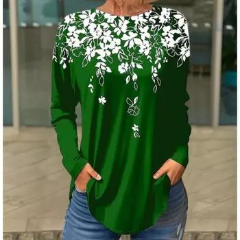 Винтажные футболки с длинным рукавом и 3D-принтом, цветочный круглый вырез, топ для женской одежды S