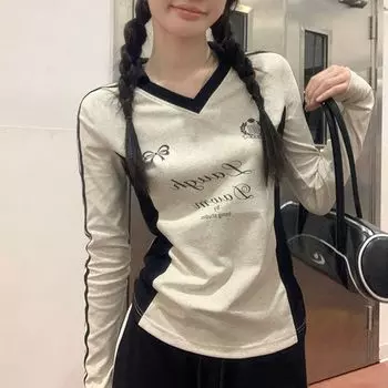Винтажные футболки с длинным рукавом Y2k Женские футболки с буквенным принтом Американская ретро-мода Эстетика Уличная одежда Футболки S серый