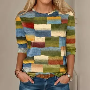 Винтажные футболки с длинными рукавами, цветная клетчатая осенняя повседневная свободная кофта с круглым вырезом, женская одежда в уличном стиле S