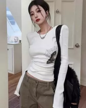 Винтажные футболки с длинными рукавами в стиле гранж, женские эстетические уличные укороченные топы Y2k, женские футболки с графикой 2000-х годов, осень S белый