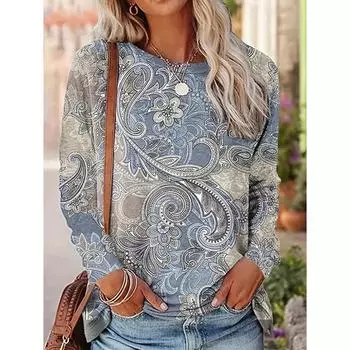 Винтажные футболки с принтом цветов кешью для женщин 2024 женская одежда с длинным рукавом элегантные футболки топы осенняя женская толстовка S