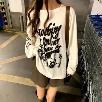 Винтажные футболки с рисунком, женские уличные футболки Y2k, корейский стиль, хиппи, гранж, большие хлопковые футболки, белый топ с длинными рукавами S хаки