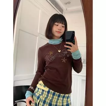 Винтажные футболки с воротником-стойкой и принтом «тяжелые ромбы» Y2k Gothic Slim Fit Bottoming Tops Women New Long Sleeve Tee Shirt S коричневый