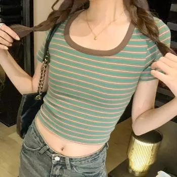 Винтажные футболки в полоску контрастного цвета в стиле Харадзюку, женские тонкие футболки Y2k в стиле гранж, повседневные уличные укороченные топы с U-образным вырезом One Size зелёный