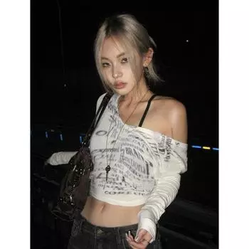 Винтажные футболки Y2k, женские гранж-сексуальные укороченные футболки с буквенным принтом и длинными рукавами, v-образным вырезом, корейская уличная одежда, эстетика Харадзюку S белый