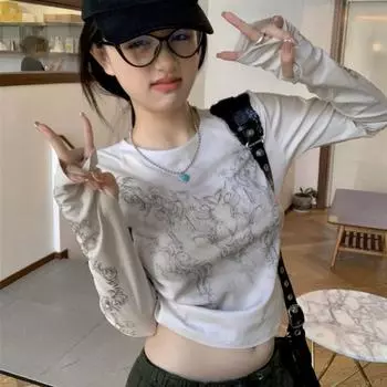 Винтажные готические футболки Harajuku Y2k, женские футболки с круглым вырезом и длинными рукавами, весна-осень S серый