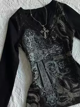 Винтажные готические футболки женские Y2k черные панк графические футболки гранж ретро сексуальные V-образный вырез хлопковые футболки модная одежда для женщин эстетический топ Харадзюку S чёрный