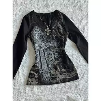 Винтажные готические футболки женские Y2k черные панк графические футболки ретро сексуальные хлопковые футболки с V-образным вырезом эстетичный топ Харадзюку S чёрный