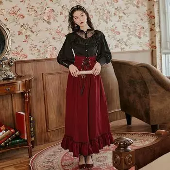 Винтажные готические комплекты платьев из двух предметов, женские черные кружевные блузки с рюшами, юбка миди на шнуровке, зимние повседневные костюмы в стиле ретро в стиле ретро Y2k XXL красный черный