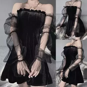 Винтажные готические платья Goth Dark Mesh Egirl 2021, эстетическое прозрачное плиссированное платье на бретелях, шикарный панк, хип-хоп, гранж, эмо, шик Y2K S чёрный