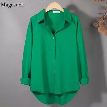 Винтажные хлопковые и льняные рубашки большого размера 2022, женские летние весенние блузки и рубашки на пуговицах, повседневные офисные дикие топы 18322 OneSize синий