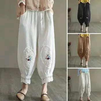 Винтажные хлопковые льняные брюки в стиле бохо для женщин, летние тонкие пляжные брюки с карманами, женские повседневные свободные шаровары с высокой талией 4XL белый