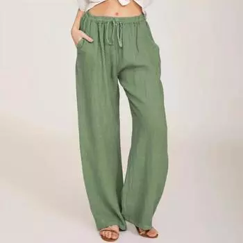 Винтажные хлопковые льняные брюки женские повседневные свободные однотонные эластичные прямые брюки с высокой талией женские летние базовые широкие длинные брюки XL синий