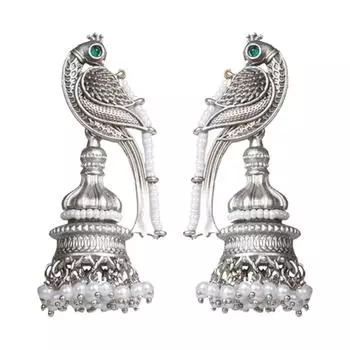 Винтажные индийские серьги-подвески в виде птиц, посеребренные джумки с павлиньим верхом и цветными камнями, белые бусины