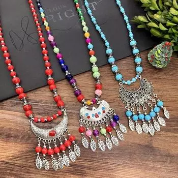 Винтажные индивидуальные ожерелья ручной работы в этническом стиле, богемная цепочка для свитера, лунный цветок, бусина, универсальная цепочка для одежды, подвеска для женщин с аксессуарами