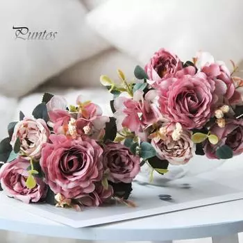 Винтажные искусственные пионы, искусственные шелковые цветы, букет гортензии, розы, пионы, цветочные центральные элементы для свадебного мероприятия, вечеринки, домашнего декора розы красного