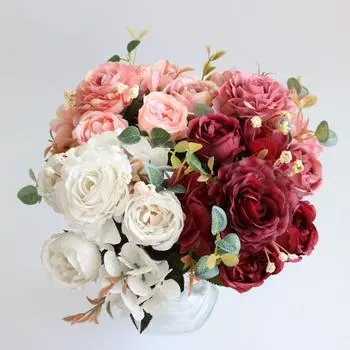 Винтажные искусственные пионы, искусственные шелковые цветы, букет гортензии, розы, пионы, цветочные центральные элементы для свадебного мероприятия, вечеринки, домашнего декора