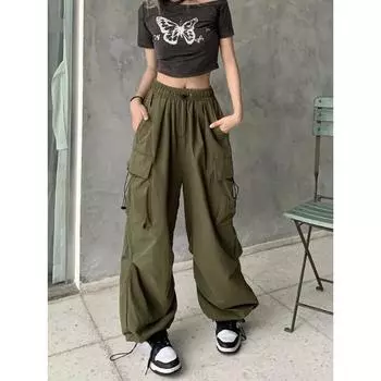 Винтажные карманы брюки-карго с завязками на высокой талии уличная одежда Харадзюку мешковатые широкие брюки женские Y2k корейские модные брюки S чёрный