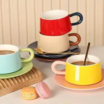 Винтажные керамические кружки, однотонные чашки для кофе эспрессо, набор с блюдцами и ложкой, изысканная чашка для послеобеденного чая, молока, капучино, питьевая