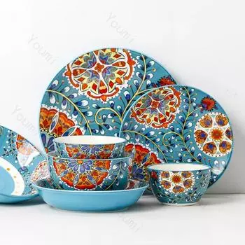 Винтажные керамические тарелки ручной работы, креативные, легкие, роскошные, десертные, салатные тарелки, изысканные блюда, суповые миски, изысканная столовая посуда