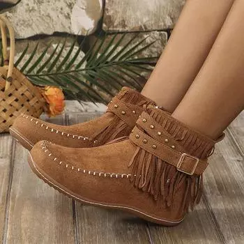 Винтажные кисточки ковбойские сапоги для женщин заклепки декор плоские каблуки ботильоны женские размер молния нескользящие короткие ботильоны 36 чёрный