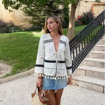 Винтажные кисточки на шнуровке пальто женские свободные контрастные V-образный вырез с длинным рукавом женские куртки осенняя мода женские топы XS белый