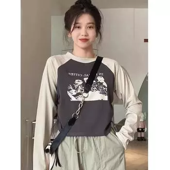 Винтажные классические футболки с длинным рукавом с принтом, женские осенние уличные укороченные топы Y2k, повседневные тонкие топы в стиле Харадзюку M