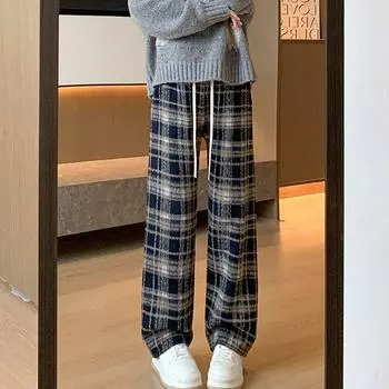 Винтажные клетчатые плюшевые прямые брюки для женщин, зимние теплые утолщенные шерстяные женские брюки, повседневные брюки с высокой талией для женщин 2025 S красный