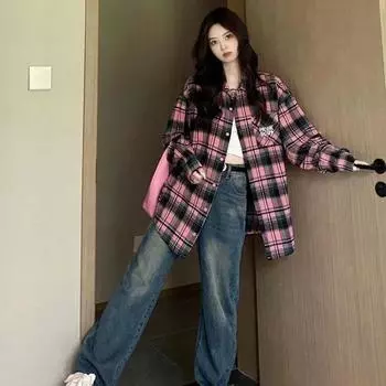 Винтажные клетчатые рубашки для женщин, весенняя повседневная женская свободная рубашка с длинным рукавом, женский топ большого размера в стиле High Street S розовый