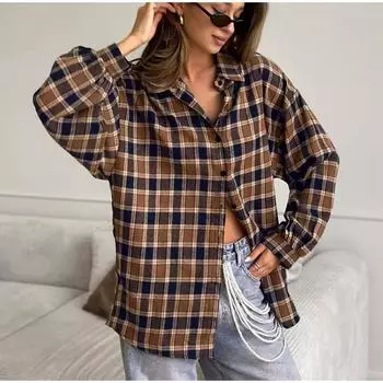 Винтажные клетчатые рубашки женские свободные контрастные лацканы однобортные с длинным рукавом женские блузки весна 2025 модные женские уличные костюмы S коричневый