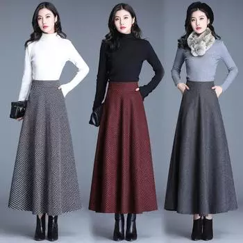 Винтажные клетчатые шерстяные юбки женские зимние с высокой талией Теплые А-силуэта плиссированные юбки Модные офисные элегантные макси юбки женские XXXL светло-серый