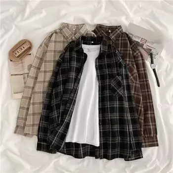 Винтажные клетчатые женские рубашки, осенние большие размеры, свободные пуговицы с длинными рукавами, простые топы, рубашка большого размера, повседневная женская прямая рубашка S чёрный