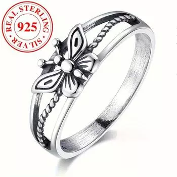 Винтажные кольца-бабочки из настоящего серебра 925 пробы с резным дизайном для женщин и девушек, обручальное кольцо, ювелирные изделия для вечеринок 6 серебряный