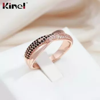 Винтажные кольца Kinel с черным и белым цирконом цвета розового золота для женщин 7 розового золота