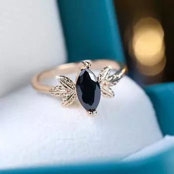 Винтажные кольца с черным цирконием маркизы для женщин, роскошные золотые цветные кольца с листвой сбоку, изысканные ювелирные изделия, подарки 6 чёрный/золотой