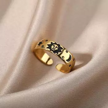 Винтажные кольца с изображением солнца и луны для женщин и девушек, из нержавеющей стали, золота и серебра, пара Resizable