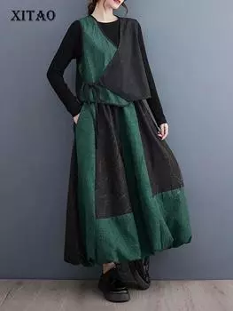 Винтажные комплекты платьев XITAO, верхняя юбка на шнуровке без рукавов, комплекты из двух предметов DMJ3108