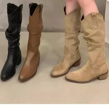 Винтажные коричневые ботинки средней высоты с V-образным вырезом на толстом каблуке, женская обувь 2024 года, летние ковбойские сапоги с острым носком в стиле вестерн 35 чёрный